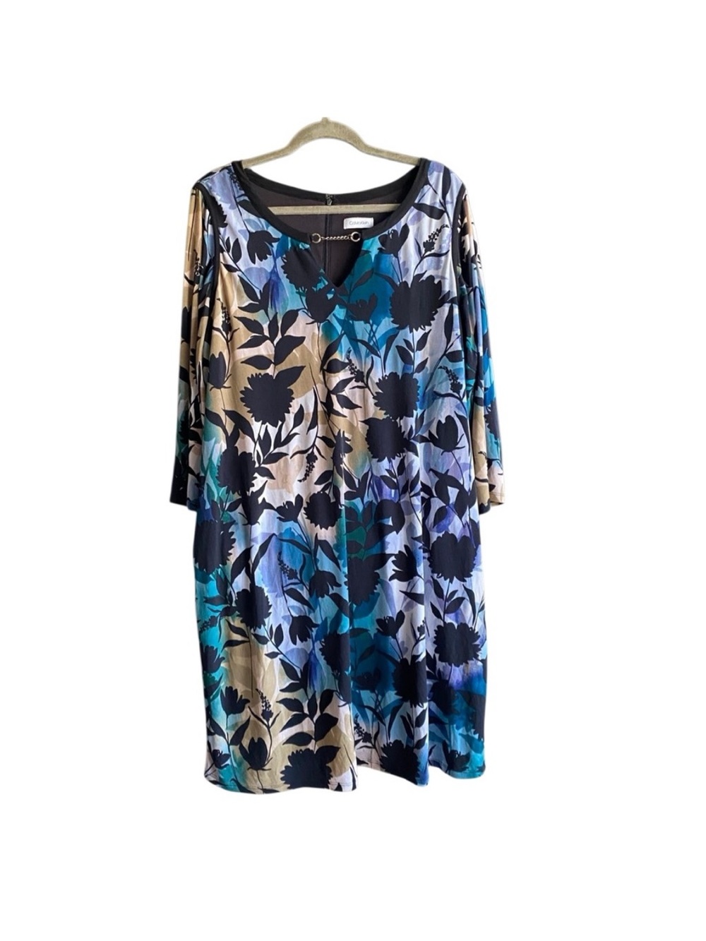 Calvin Klein Blue/Black Floral Print Long Sleeve Sheath Dress. Size 14